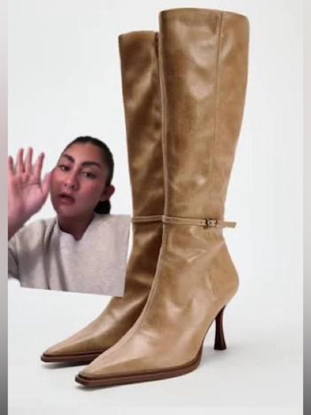 Zara Camel Tan Knee-High Pointed-Toe Heeled Boots - Picture 2 of 14